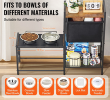 Load image into Gallery viewer, Pet feeding station with bowls and accessories on a wooden floor.